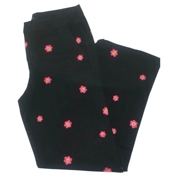 Cotton Wide-leg Leg Pants Embroidered Happy Face Flower Twill Party Pants BLK L - Picture 3 of 11